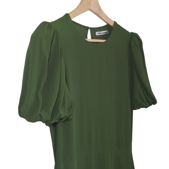 NWT | Reformation | Sandy Beth Moss Green Puff Sleeve Midi Dress - Picture 4 of 13